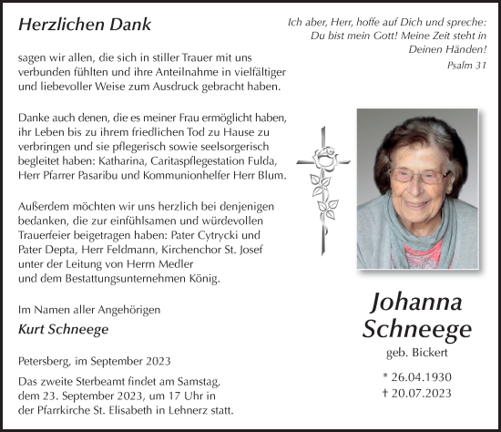 Traueranzeige von Johanna Schneege von FZ