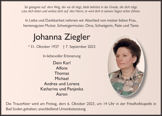 Traueranzeige von Johanna Ziegler von FZ