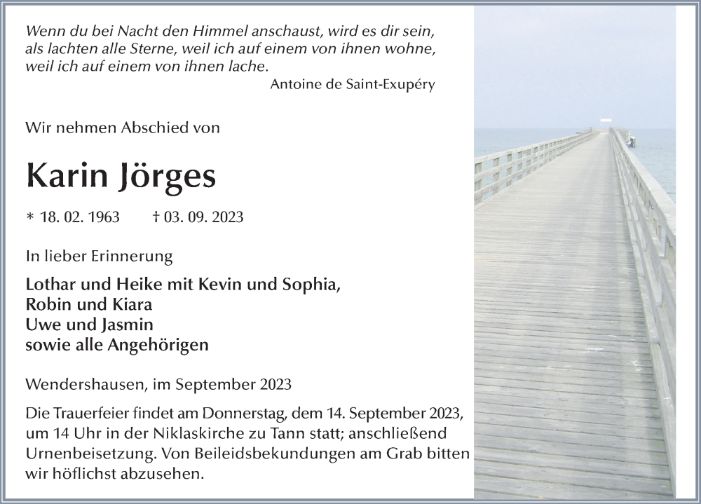  Traueranzeige für Karin Jörges vom 07.09.2023 aus FZ