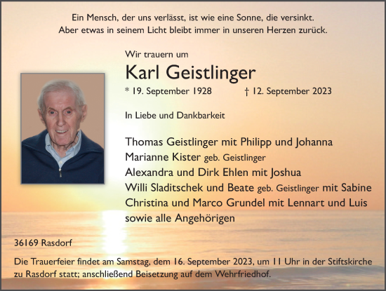 Traueranzeige von Karl Geistlinger von FZ