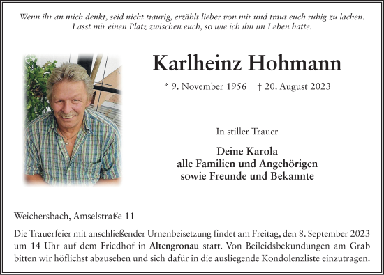 Traueranzeige von Karlheinz Hohmann von FZ