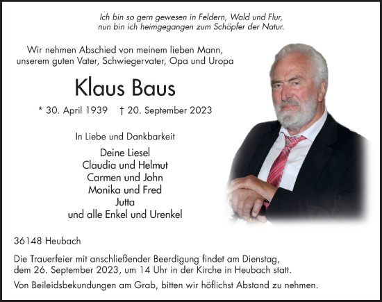 Traueranzeige von Klaus Baus von FZ