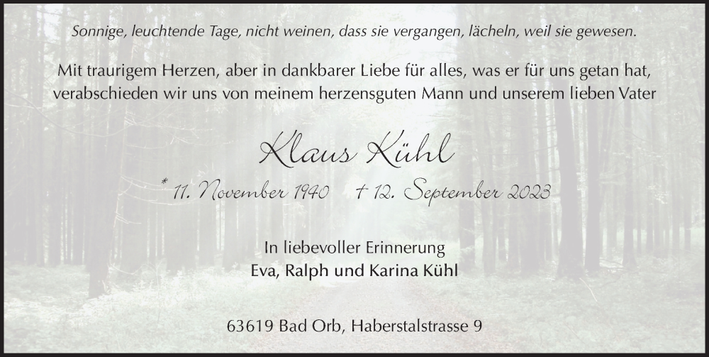  Traueranzeige für Klaus Kühl vom 15.09.2023 aus FZ