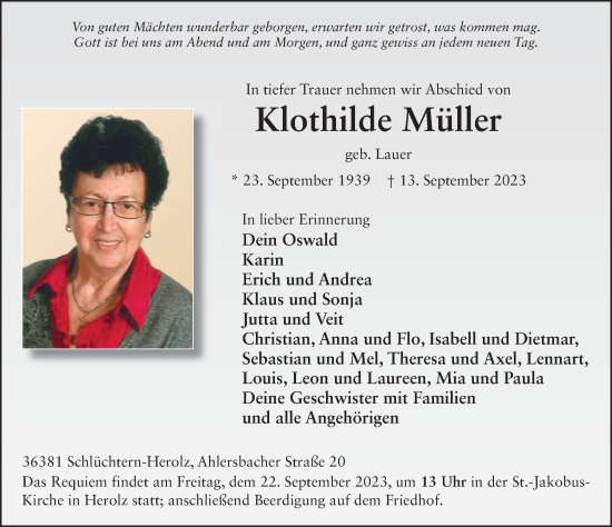 Traueranzeige von Klothilde Müller von FZ