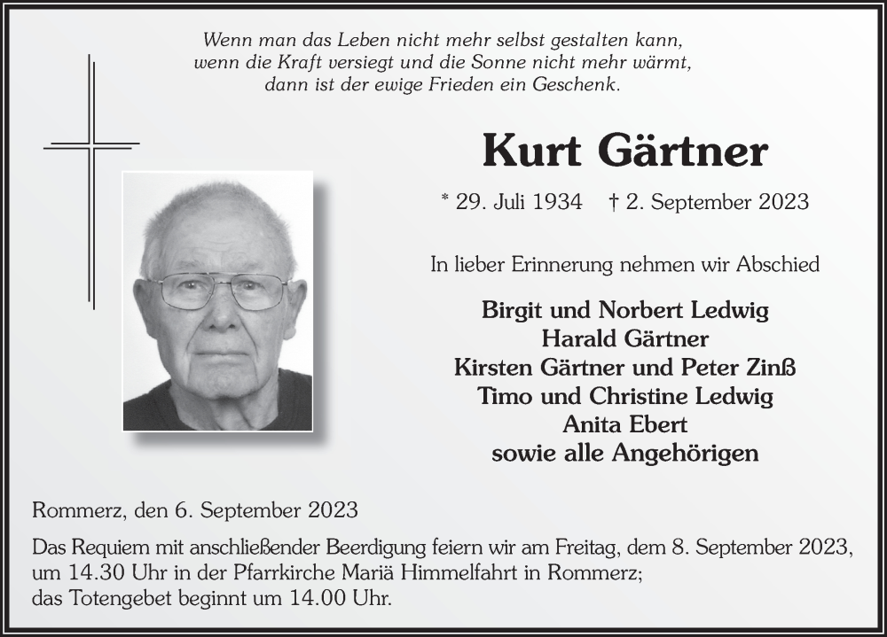  Traueranzeige für Kurt Gärtner vom 06.09.2023 aus FZ