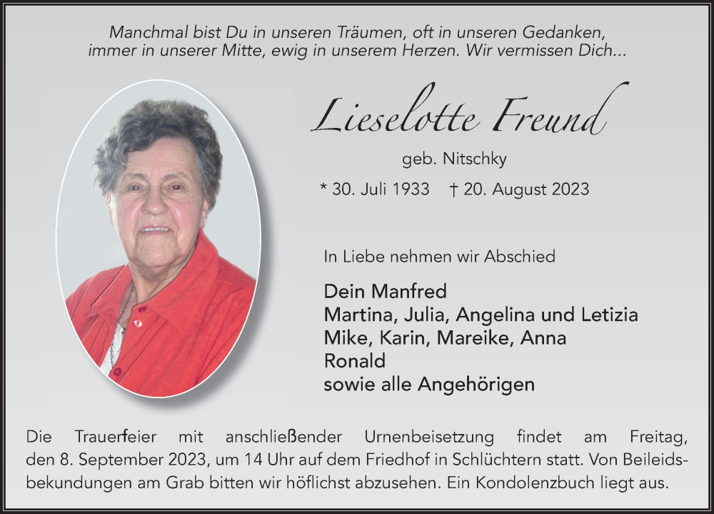  Traueranzeige für Lieselotte Freund vom 02.09.2023 aus FZ