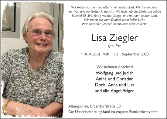 Traueranzeige von Lisa Ziegler von FZ