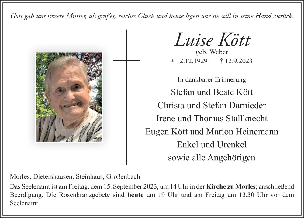  Traueranzeige für Luise Kött vom 14.09.2023 aus FZ