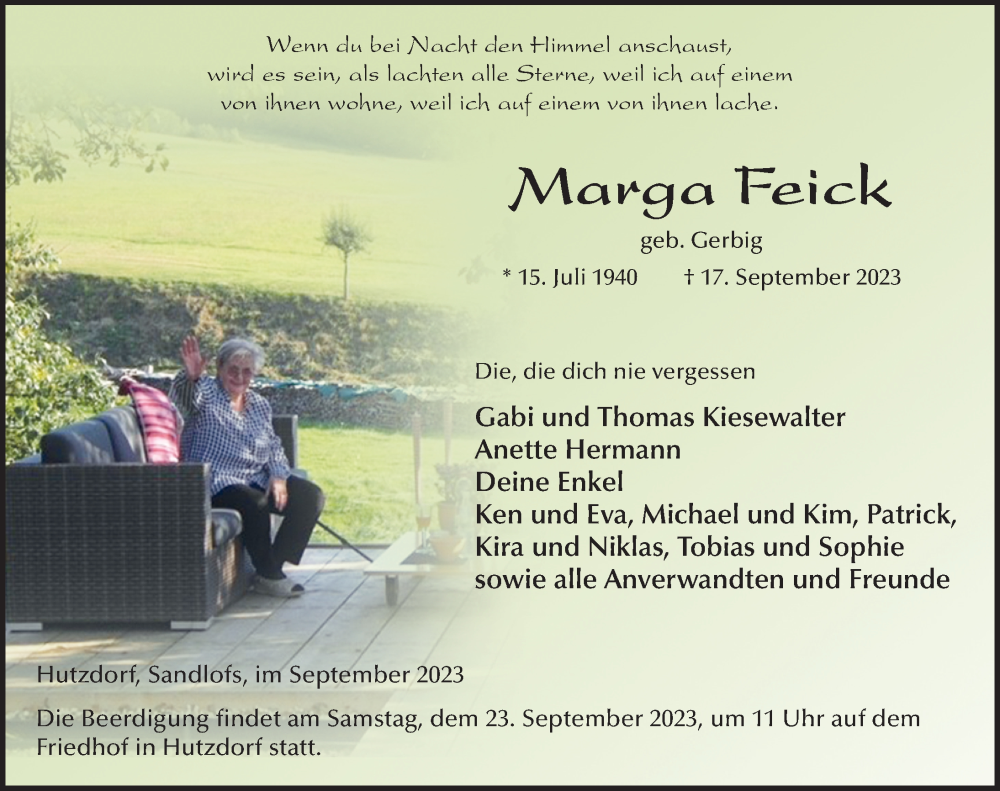  Traueranzeige für Marga Feick vom 19.09.2023 aus FZ