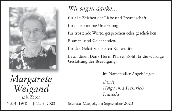 Traueranzeige von Margarete Weigand von FZ