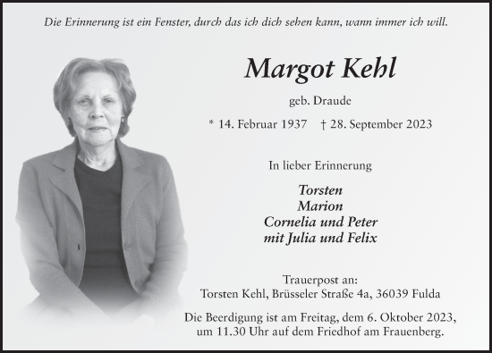 Traueranzeige von Margot Kehl von FZ