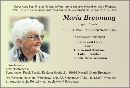 Traueranzeige von Maria Breunung von FZ