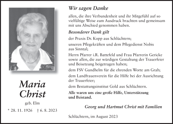 Traueranzeige von Maria Christ von FZ
