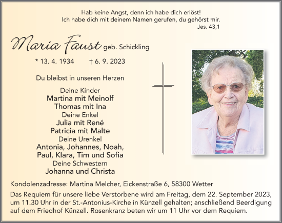 Traueranzeige von Maria Faust von FZ