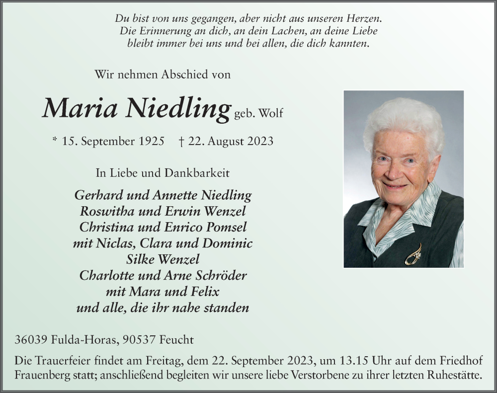  Traueranzeige für Maria Niedling vom 16.09.2023 aus FZ