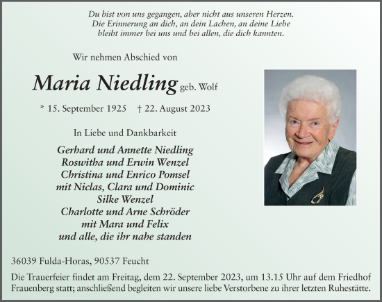 Traueranzeige von Maria Niedling von FZ