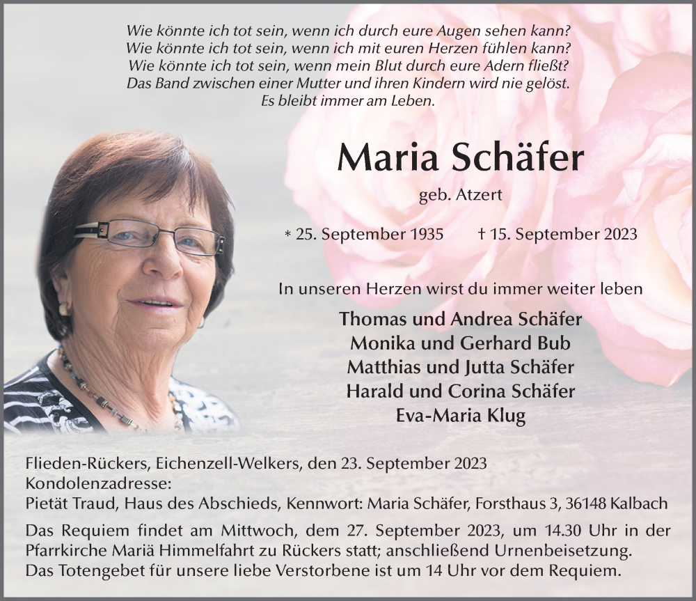  Traueranzeige für Maria Schäfer vom 23.09.2023 aus FZ