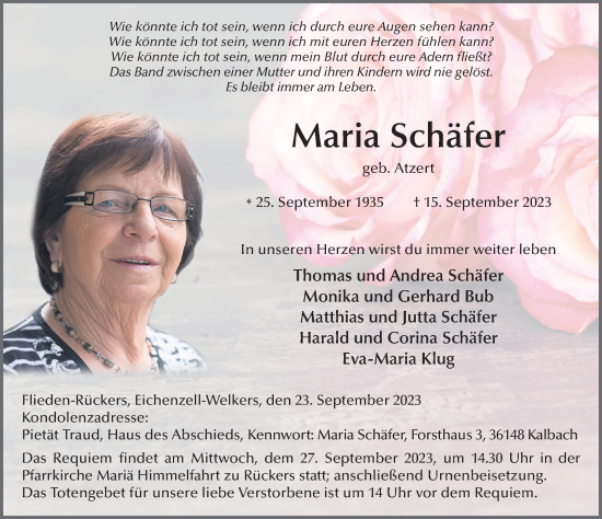 Traueranzeige von Maria Schäfer von FZ