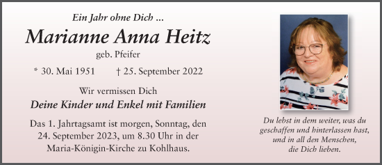 Traueranzeige von Marianne Anna Heitz von FZ