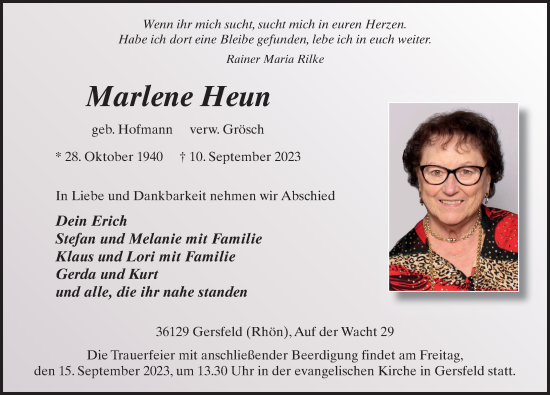 Traueranzeige von Marlene Heun von FZ