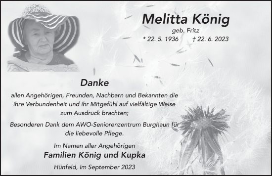 Traueranzeige von Melitta König von FZ
