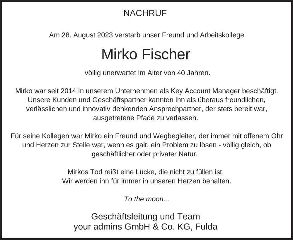  Traueranzeige für Mirko Fischer vom 05.09.2023 aus FZ