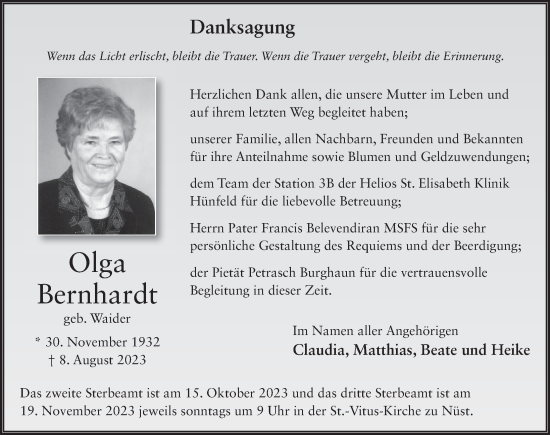 Traueranzeige von Olga Bernhardt von FZ