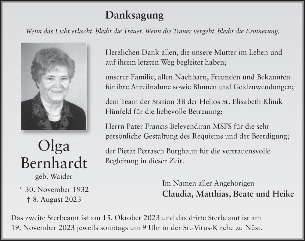  Traueranzeige für Olga Bernhardt vom 30.09.2023 aus FZ