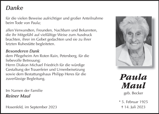 Traueranzeige von Paula Maul von FZ