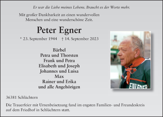 Traueranzeige von Peter Egner von FZ