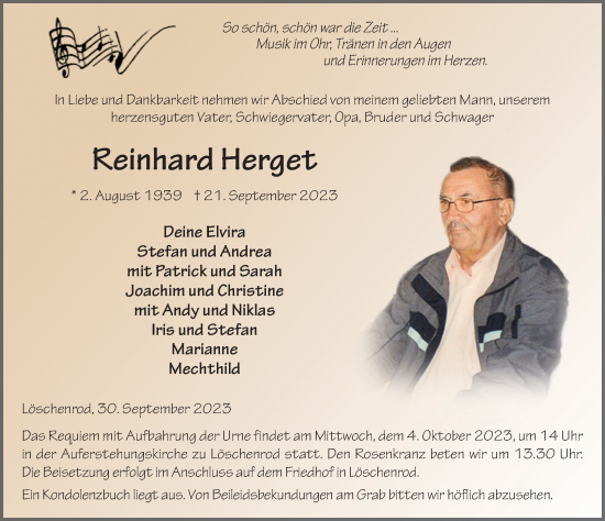 Traueranzeige von Reinhard Herget von FZ