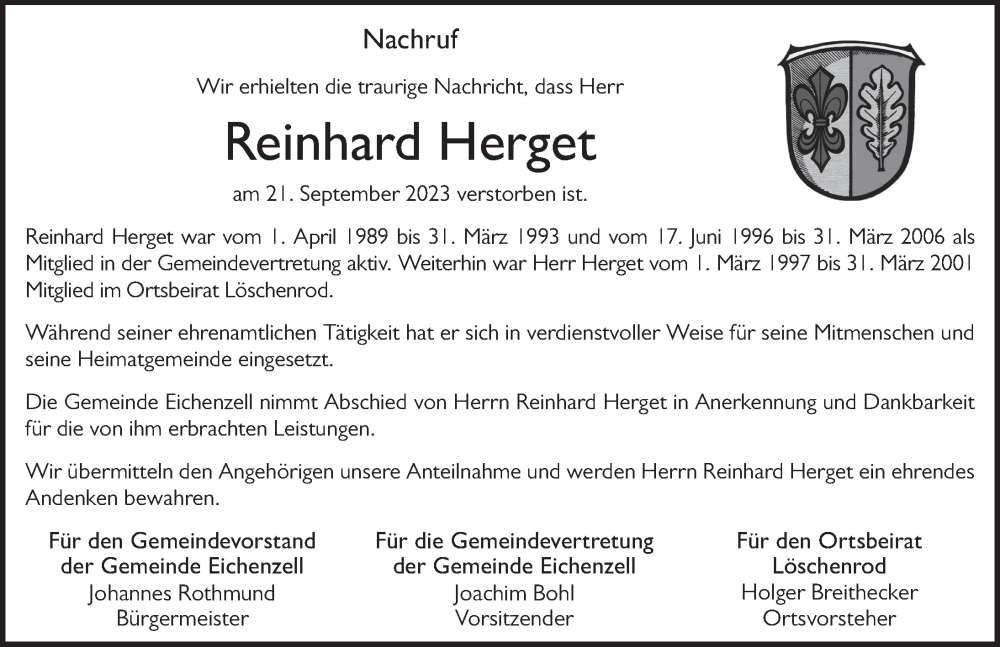  Traueranzeige für Reinhard Herget vom 30.09.2023 aus FZ