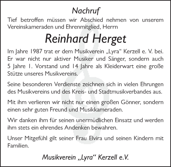 Traueranzeige von Reinhard Herget von FZ