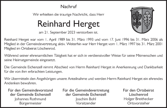 Traueranzeige von Reinhard Herget von FZ