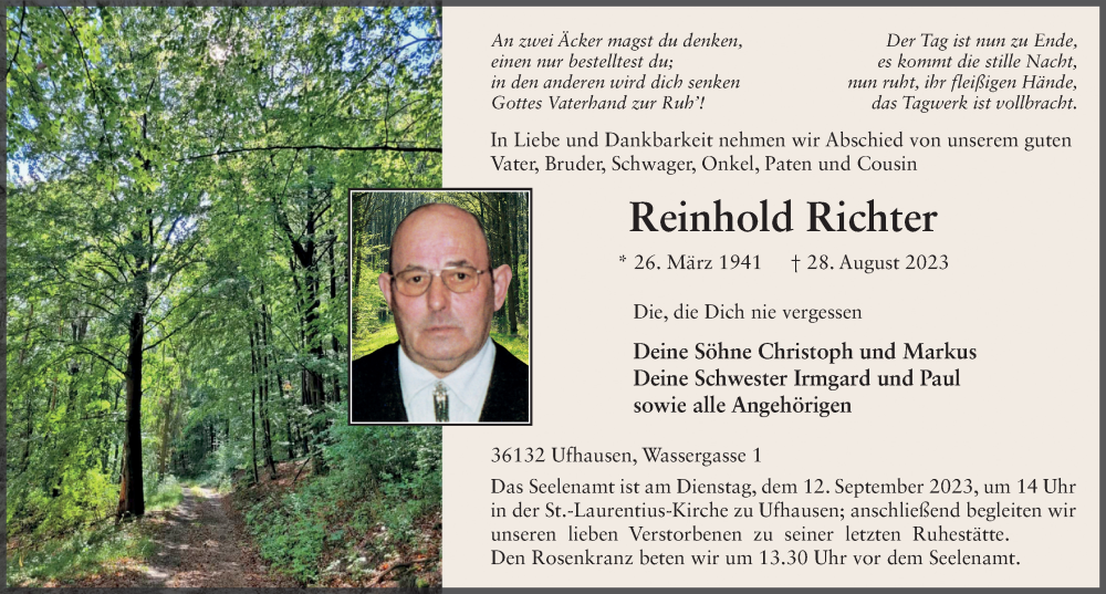  Traueranzeige für Reinhold Richter vom 09.09.2023 aus FZ