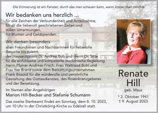 Traueranzeige von Renate Hill von FZ