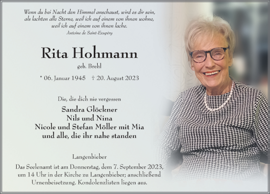Traueranzeige von Rita Hohmann von FZ