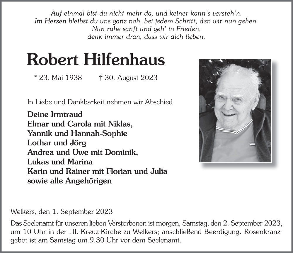  Traueranzeige für Robert Hilfenhaus vom 01.09.2023 aus FZ