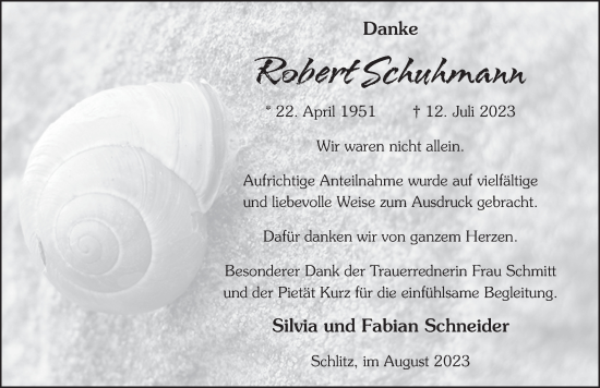 Traueranzeige von Robert Schuhmann von FZ
