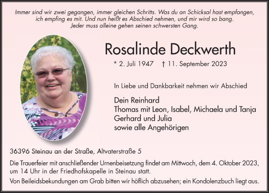 Traueranzeige von Rosalinde Deckwerth von FZ