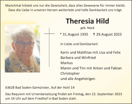 Traueranzeige von Theresia Hild von FZ
