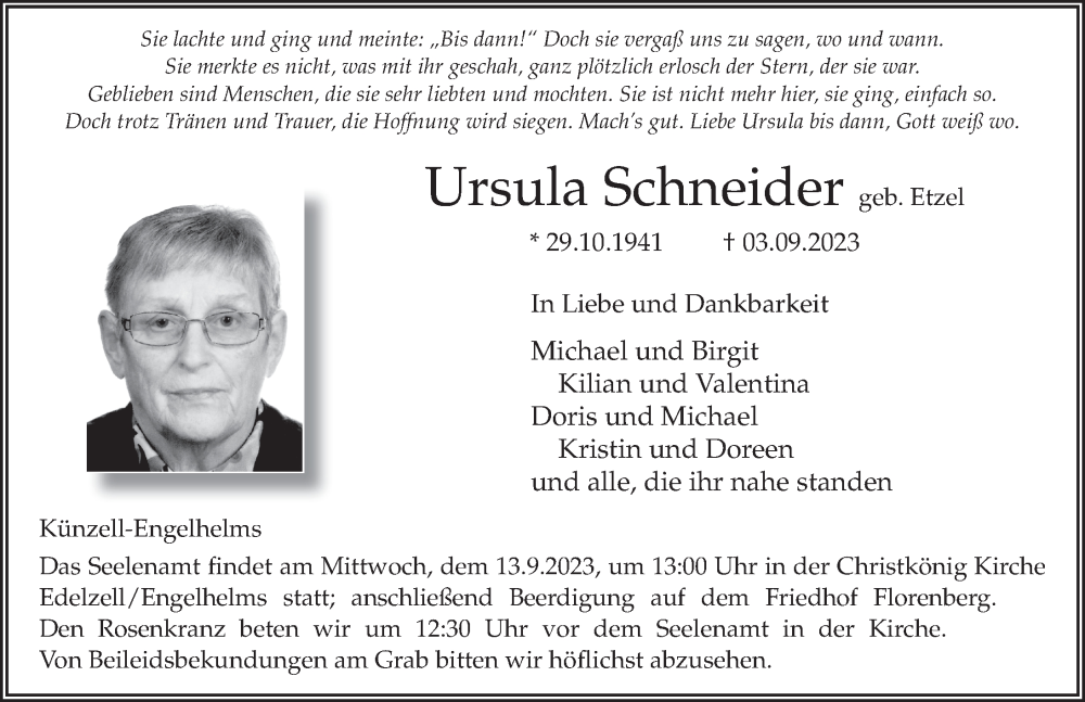 Traueranzeige für Ursula Schneider vom 09.09.2023 aus FZ