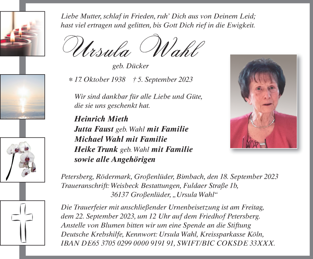  Traueranzeige für Ursula Wahl vom 18.09.2023 aus FZ