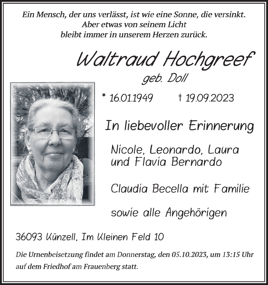  Traueranzeige für Waltraud Hochgreef vom 30.09.2023 aus FZ