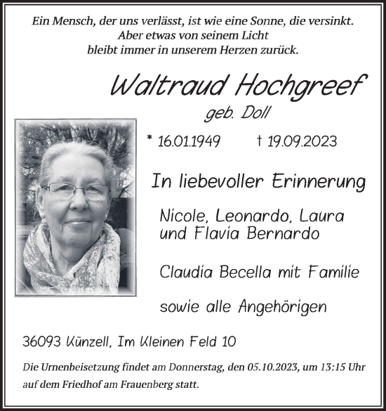 Traueranzeige von Waltraud Hochgreef von FZ