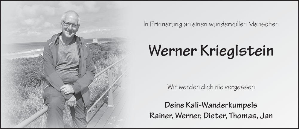  Traueranzeige für Werner Krieglstein vom 01.09.2023 aus FZ