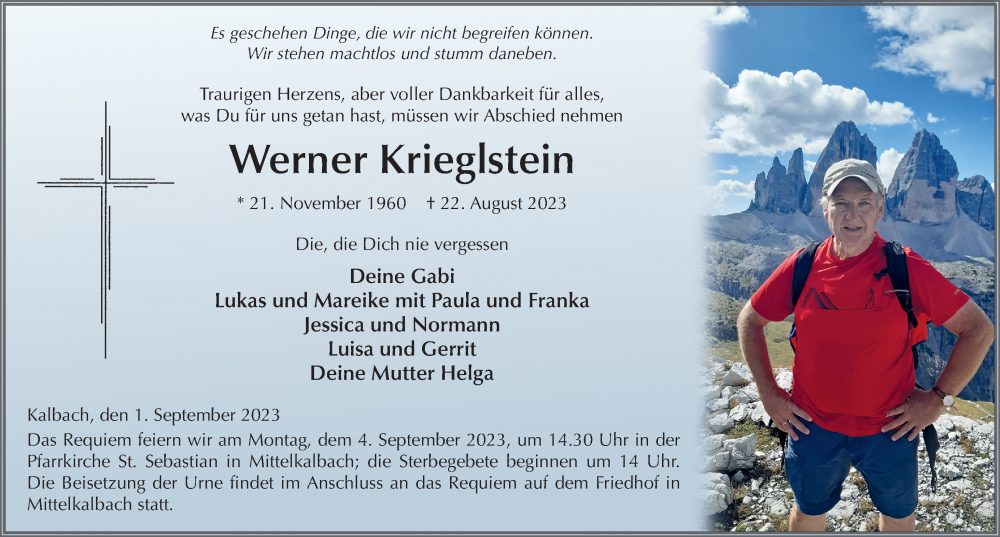  Traueranzeige für Werner Krieglstein vom 01.09.2023 aus FZ