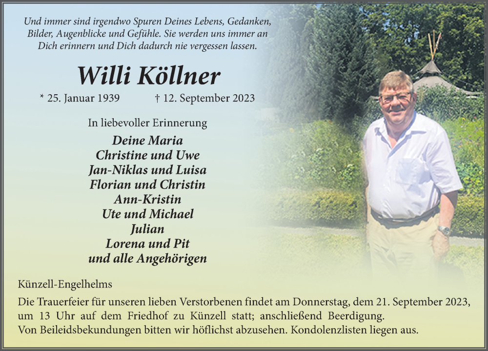  Traueranzeige für Willi Köllner vom 19.09.2023 aus FZ