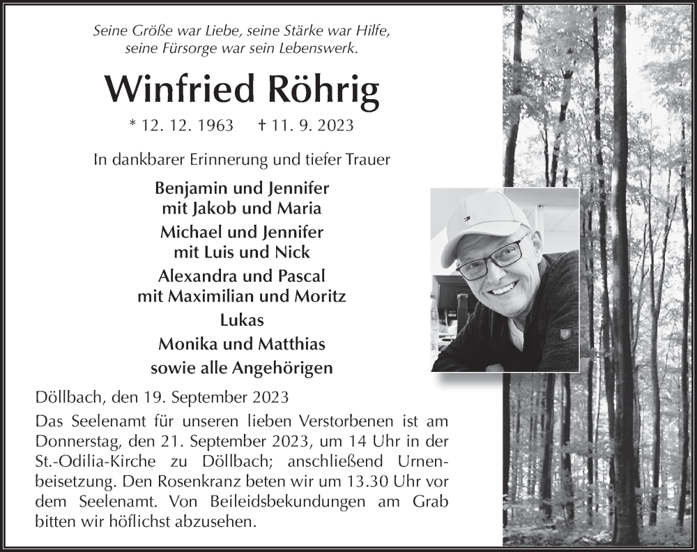  Traueranzeige für Winfried Röhrig vom 19.09.2023 aus FZ