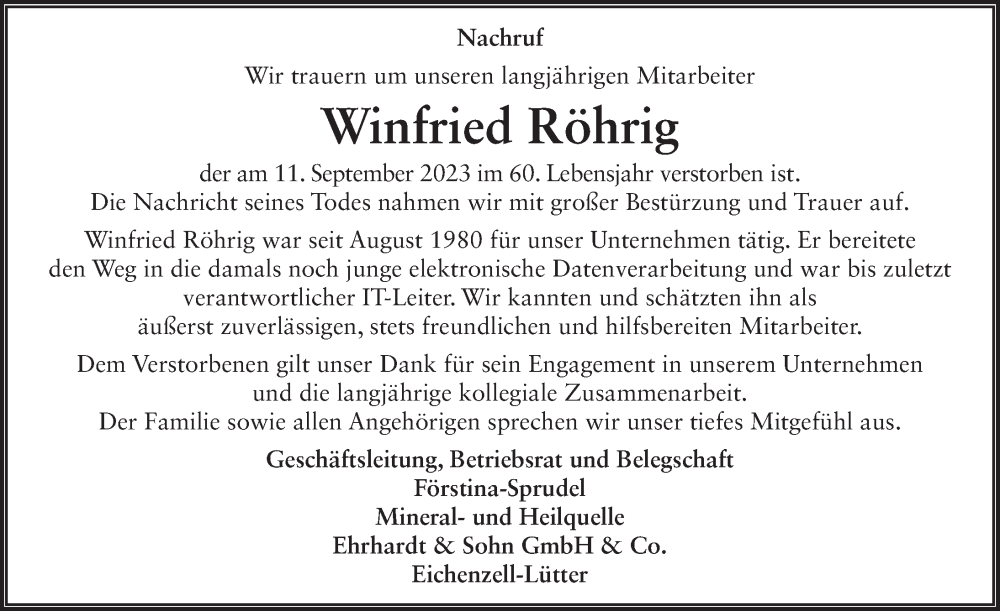  Traueranzeige für Winfried Röhrig vom 19.09.2023 aus FZ
